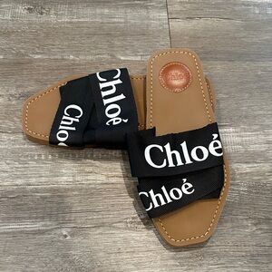 Chloe Black and White Strap Tan Sandals